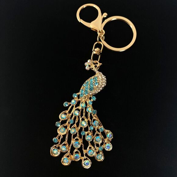 Unbranded Accessories - Peacock Rhinestone Charm Keychain Key Holder Multicolor Gold Tone Metal New